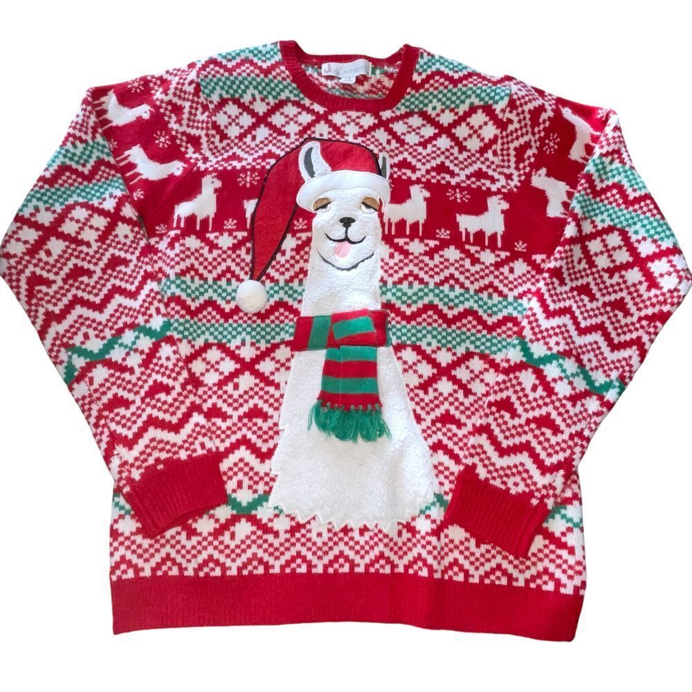 Jolly Sweaters llama ugly Christmas sweater red white green crew pullover Large‎